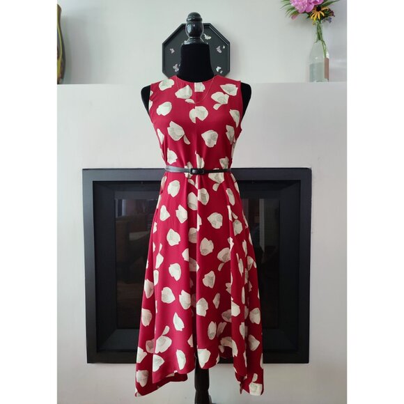 Vintage Theory silk floral red asymmetrical dress / sleeveless midi dress - Picture 2 of 9
